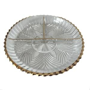Clear pressed glass three-section relish dish with gold rim by Indiana Glass.